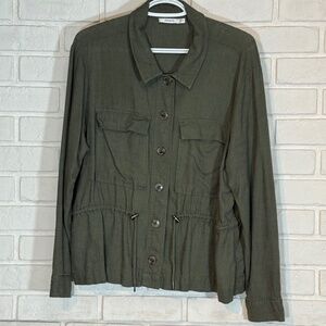 Khaki Linen-Rayon Blend Button-up Cinch Waist Jacket GUC